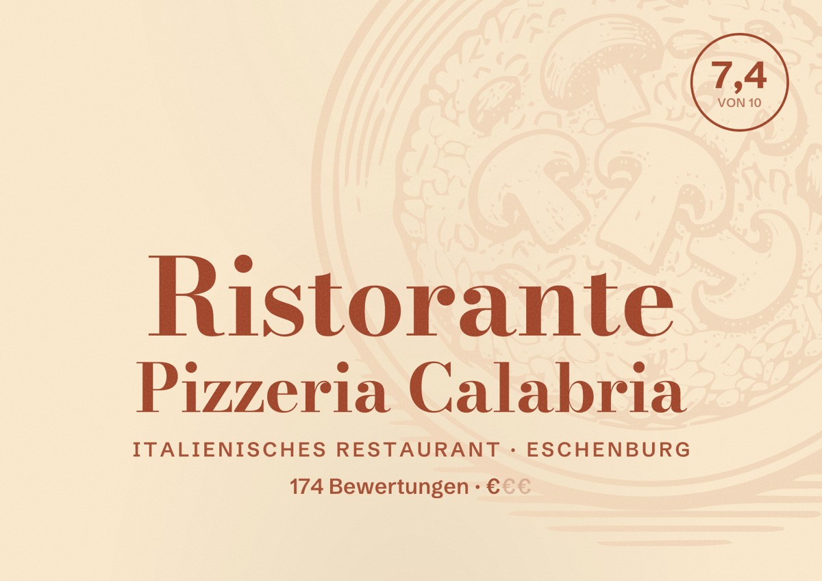 Illustriertes Poster von Ristorante Pizzeria Calabria, Italienisches Restaurant in Eschenburg: Bewertung 7,4 von 10 aus 174 Bewertungen, Preisniveau €