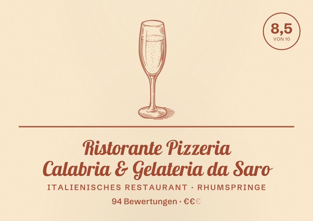 Illustriertes Poster von Ristorante Pizzeria Calabria & Gelateria da Saro, Italienisches Restaurant in Rhumspringe: Bewertung 8,5 von 10 aus 94 Bewertungen, Preisniveau €€