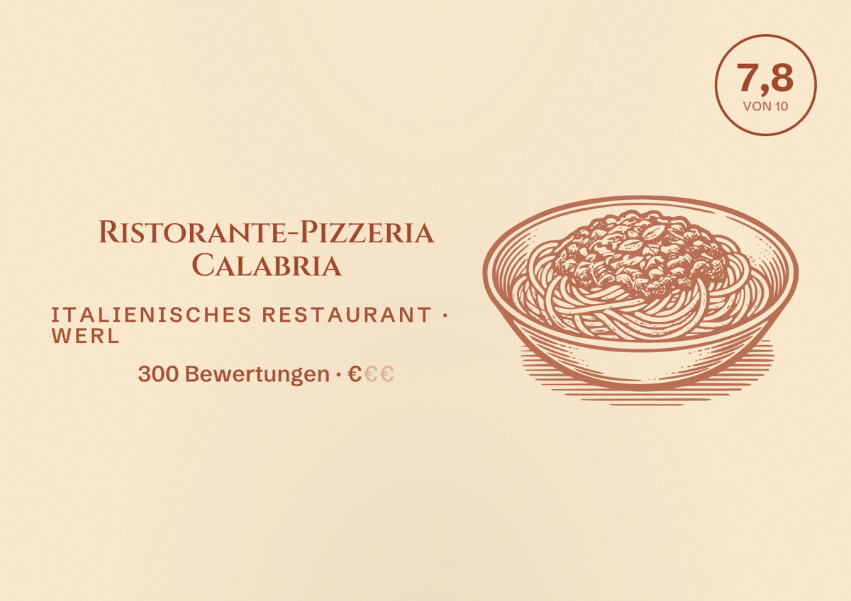 Illustriertes Poster von Ristorante-Pizzeria Calabria, Italienisches Restaurant in Werl: Bewertung 7,8 von 10 aus 300 Bewertungen, Preisniveau €