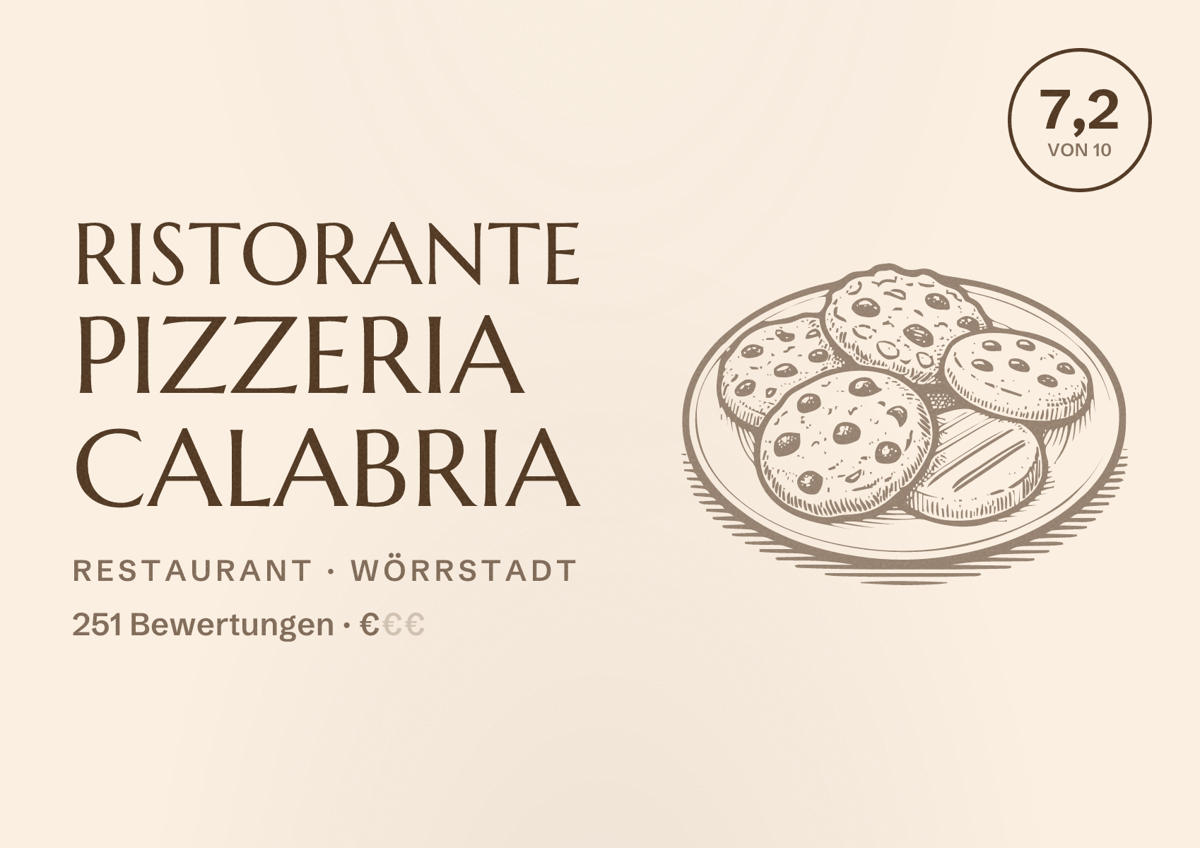 Illustriertes Poster von Ristorante Pizzeria Calabria, Restaurant in Wörrstadt: Bewertung 7,2 von 10 aus 251 Bewertungen, Preisniveau €