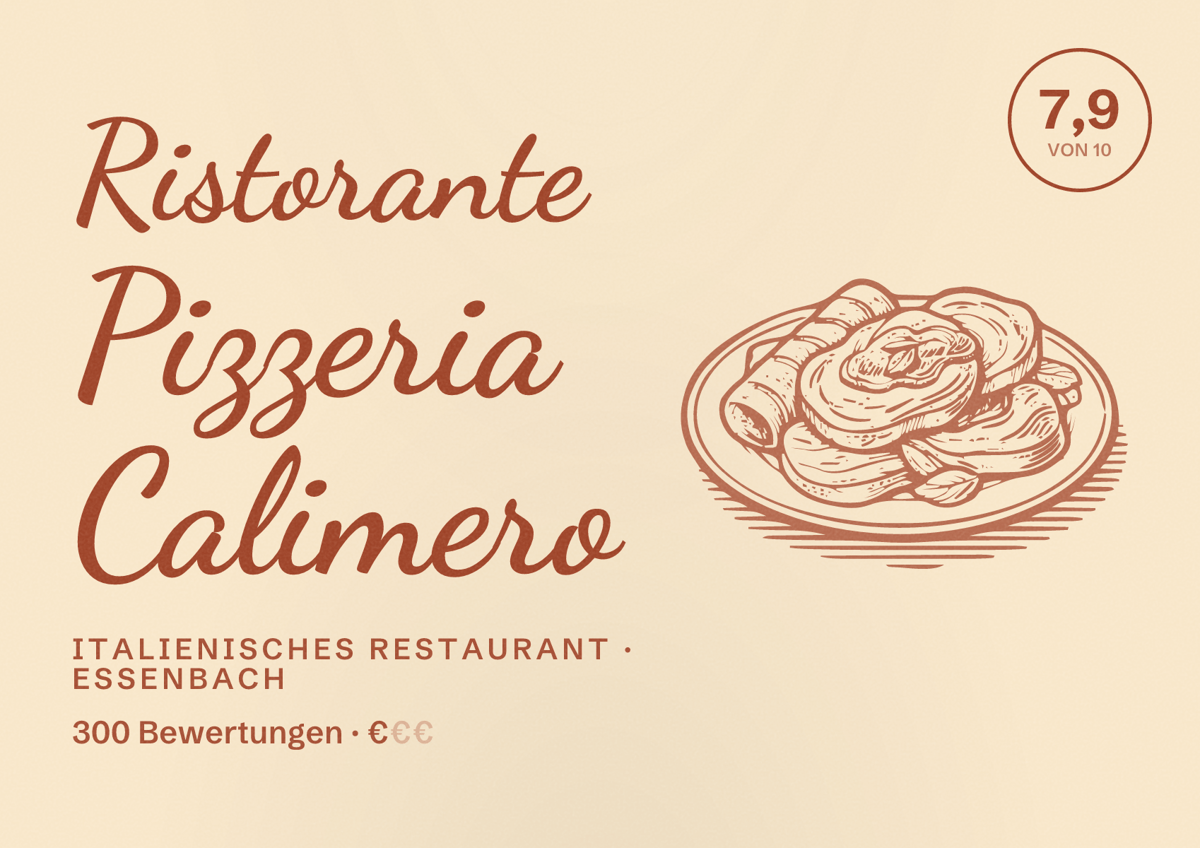 Illustriertes Poster von Ristorante Pizzeria Calimero, Italienisches Restaurant in Essenbach: Bewertung 7,9 von 10 aus 300 Bewertungen, Preisniveau €