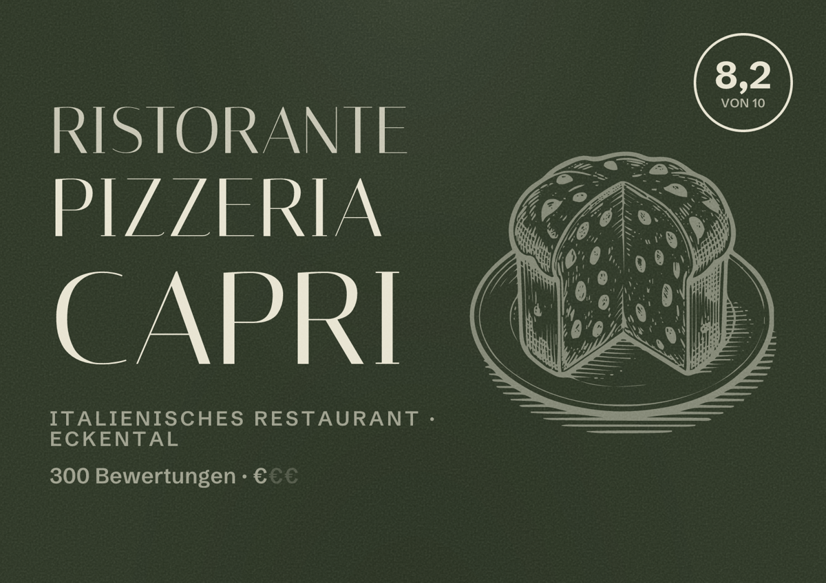 Illustriertes Poster von Ristorante Pizzeria Capri, Italienisches Restaurant in Eckental: Bewertung 8,2 von 10 aus 300 Bewertungen, Preisniveau €