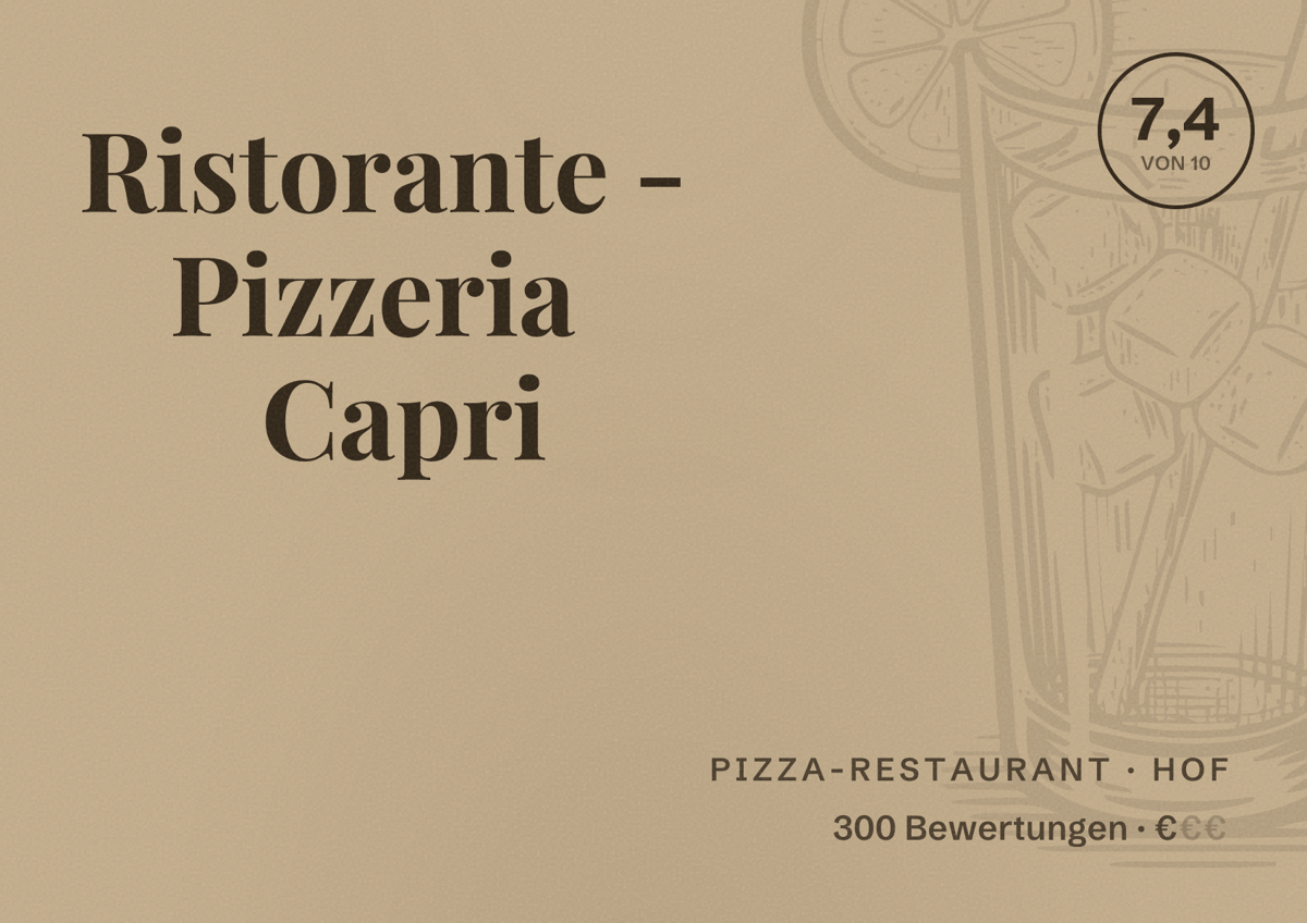 Illustriertes Poster von Ristorante - Pizzeria Capri, Pizza-Restaurant in Hof: Bewertung 7,4 von 10 aus 300 Bewertungen, Preisniveau €