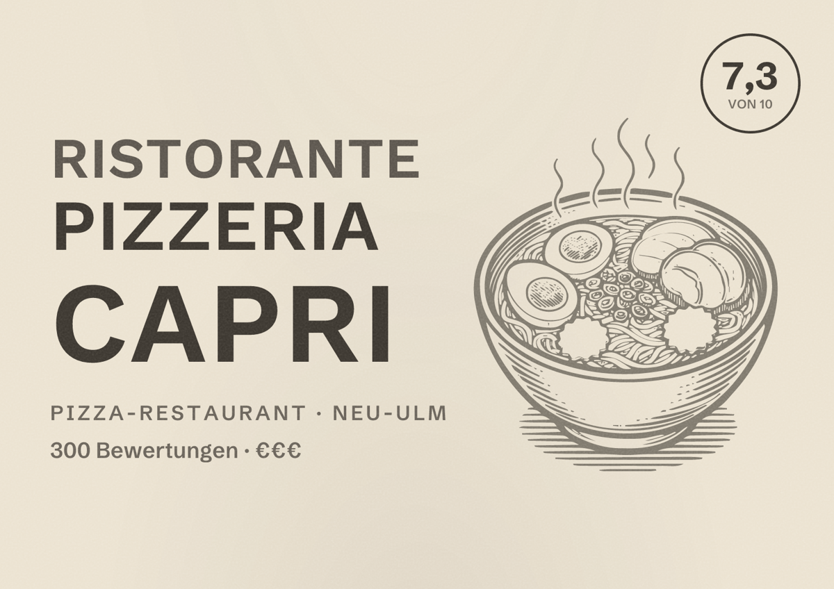 Illustriertes Poster von Ristorante Pizzeria Capri, Pizza-Restaurant in Neu-Ulm: Bewertung 7,3 von 10 aus 300 Bewertungen, Preisniveau €€€