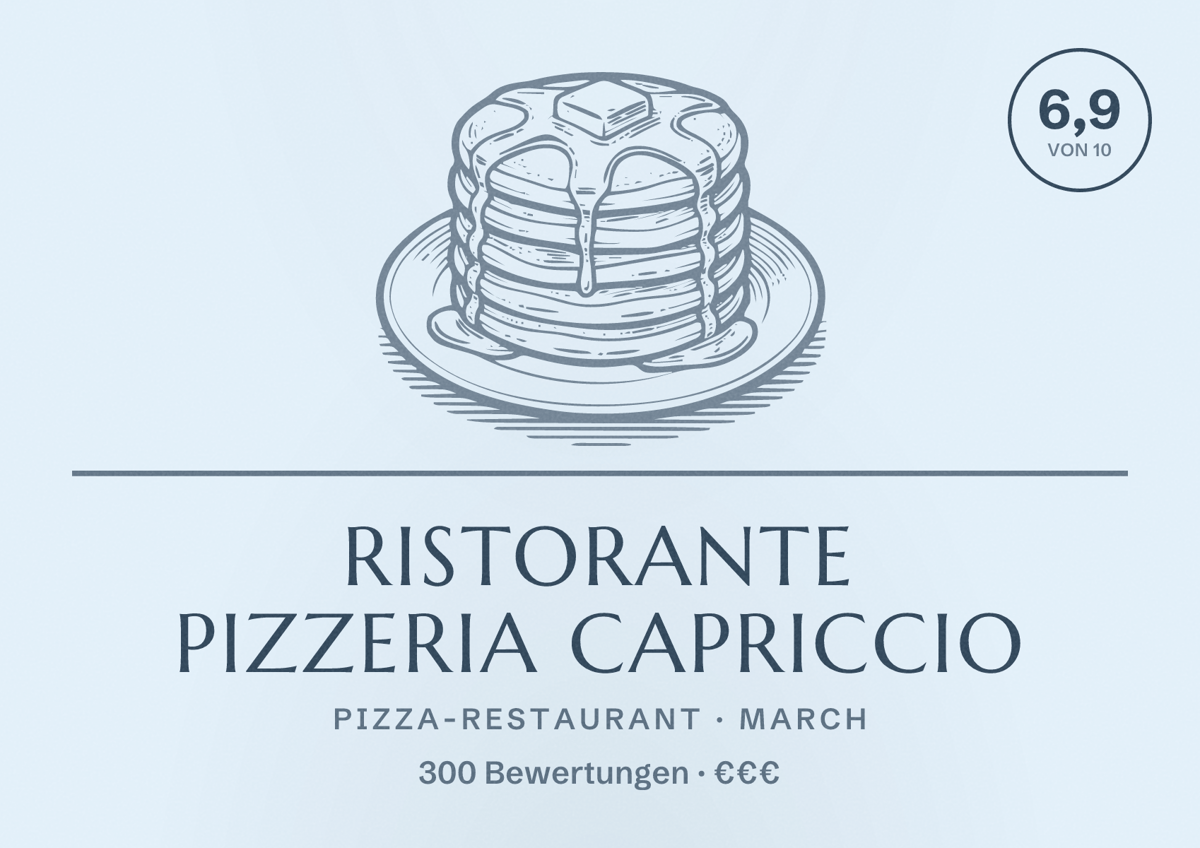 Illustriertes Poster von Ristorante Pizzeria Capriccio, Pizza-Restaurant in March: Bewertung 6,9 von 10 aus 300 Bewertungen, Preisniveau €€€