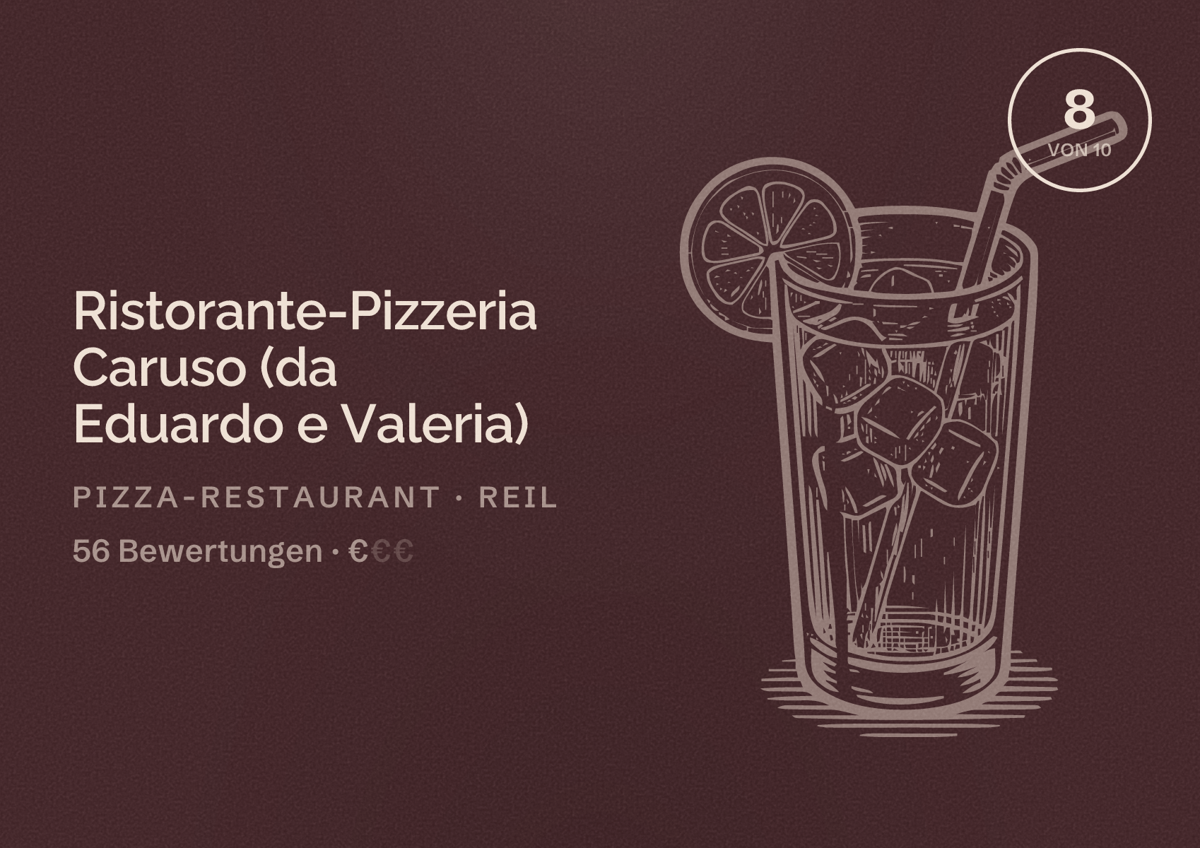 Illustriertes Poster von Ristorante-Pizzeria Caruso (da Eduardo e Valeria), Pizza-Restaurant in Reil: Bewertung 8 von 10 aus 56 Bewertungen, Preisniveau €