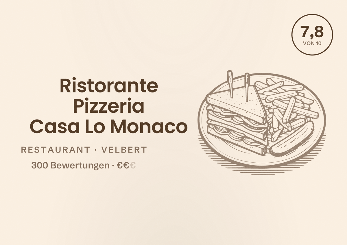 Illustriertes Poster von Ristorante Pizzeria Casa Lo Monaco, Restaurant in Velbert: Bewertung 7,8 von 10 aus 300 Bewertungen, Preisniveau €€