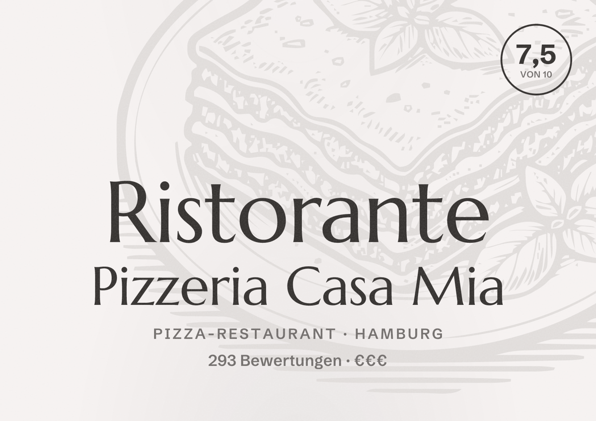 Illustriertes Poster von Ristorante Pizzeria Casa Mia, Pizza-Restaurant in Hamburg: Bewertung 7,5 von 10 aus 293 Bewertungen, Preisniveau €€€