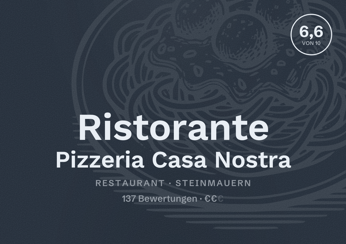 Illustriertes Poster von Ristorante Pizzeria Casa Nostra, Restaurant in Steinmauern: Bewertung 6,6 von 10 aus 137 Bewertungen, Preisniveau €€