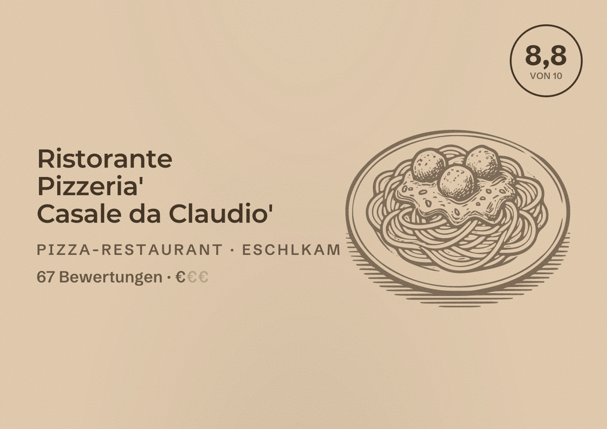 Illustriertes Poster von Ristorante Pizzeria' Casale da Claudio', Pizza-Restaurant in Eschlkam: Bewertung 8,8 von 10 aus 67 Bewertungen, Preisniveau €