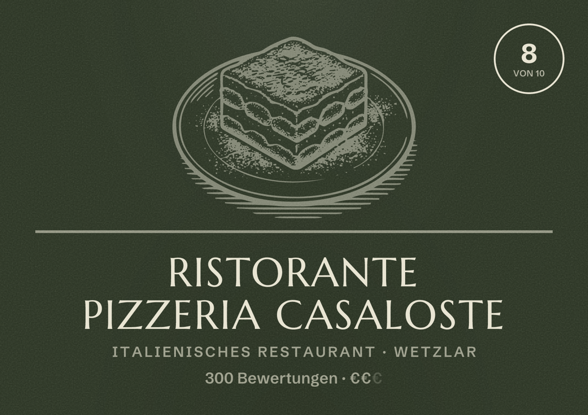 Illustriertes Poster von Ristorante Pizzeria Casaloste, Italienisches Restaurant in Wetzlar: Bewertung 8 von 10 aus 300 Bewertungen, Preisniveau €€
