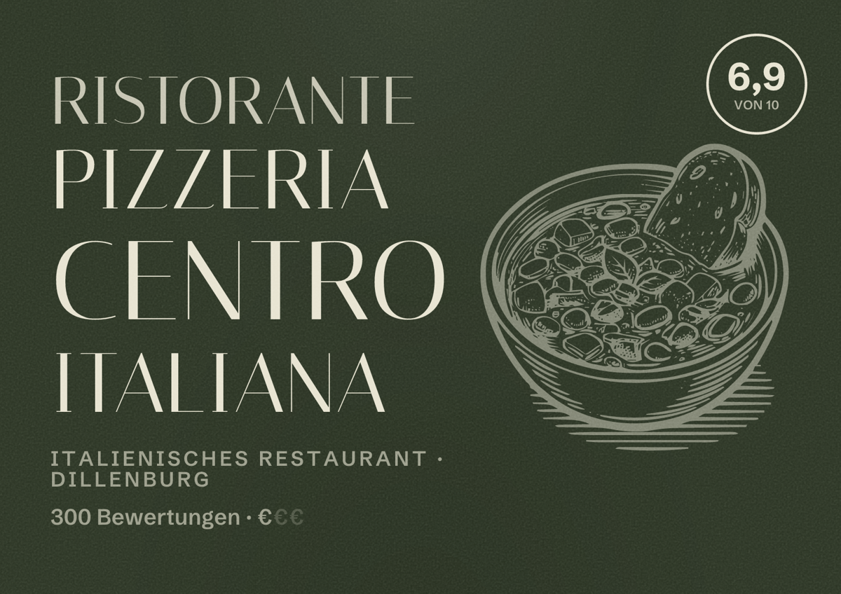 Illustriertes Poster von RISTORANTE PIZZERIA CENTRO ITALIANA, Italienisches Restaurant in Dillenburg: Bewertung 6,9 von 10 aus 300 Bewertungen, Preisniveau €