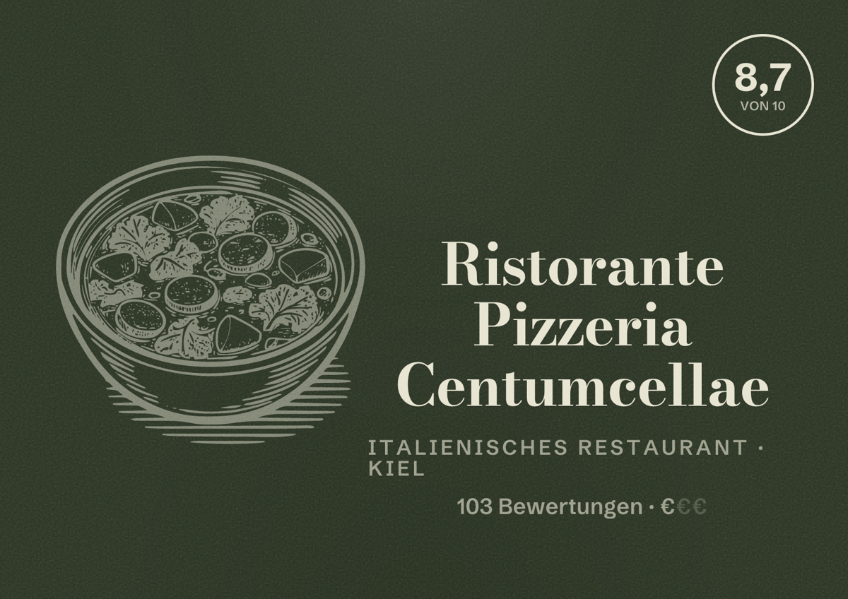Illustriertes Poster von Ristorante Pizzeria Centumcellae, Italienisches Restaurant in Kiel: Bewertung 8,7 von 10 aus 103 Bewertungen, Preisniveau €