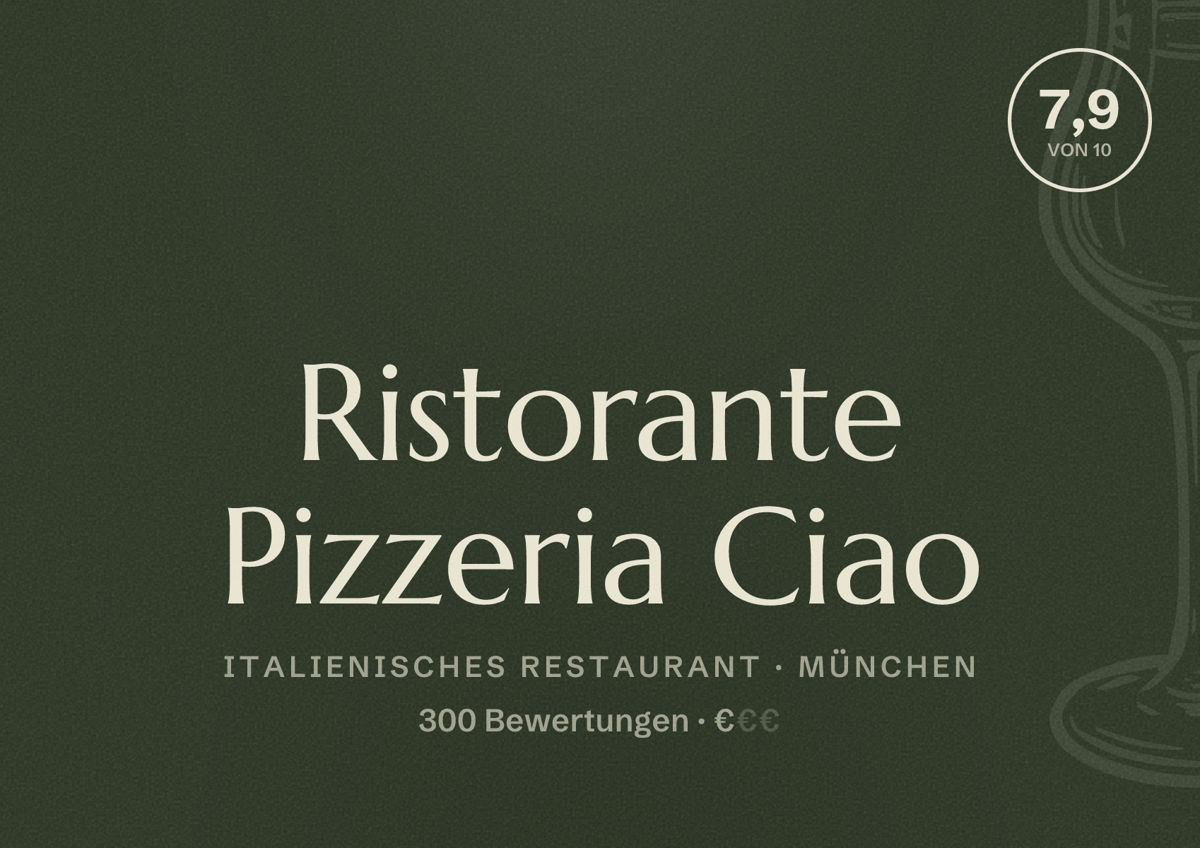 Illustriertes Poster von Ristorante Pizzeria Ciao, Italienisches Restaurant in München: Bewertung 7,9 von 10 aus 300 Bewertungen, Preisniveau €
