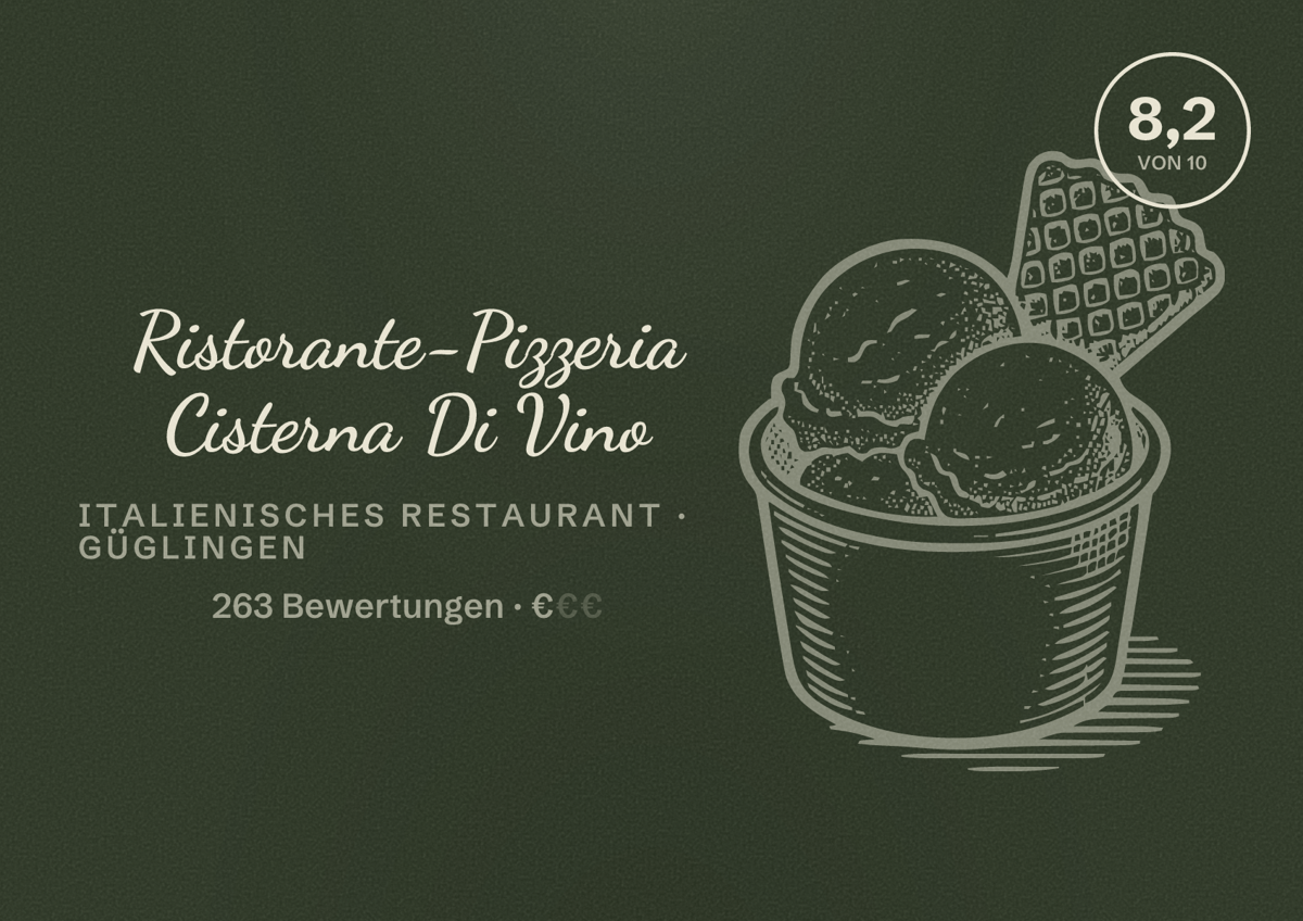 Illustriertes Poster von Ristorante-Pizzeria Cisterna Di Vino, Italienisches Restaurant in Güglingen: Bewertung 8,2 von 10 aus 263 Bewertungen, Preisniveau €