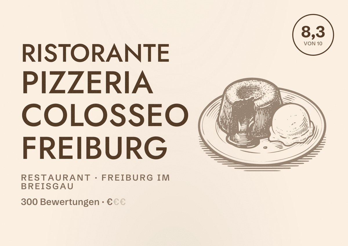 Illustriertes Poster von Ristorante Pizzeria Colosseo Freiburg, Restaurant in Freiburg im Breisgau: Bewertung 8,3 von 10 aus 300 Bewertungen, Preisniveau €