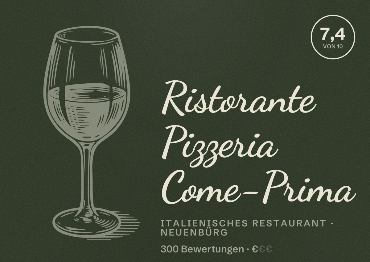 Illustriertes Poster von Ristorante Pizzeria Come-Prima, Italienisches Restaurant in Neuenbürg: Bewertung 7,4 von 10 aus 300 Bewertungen, Preisniveau €