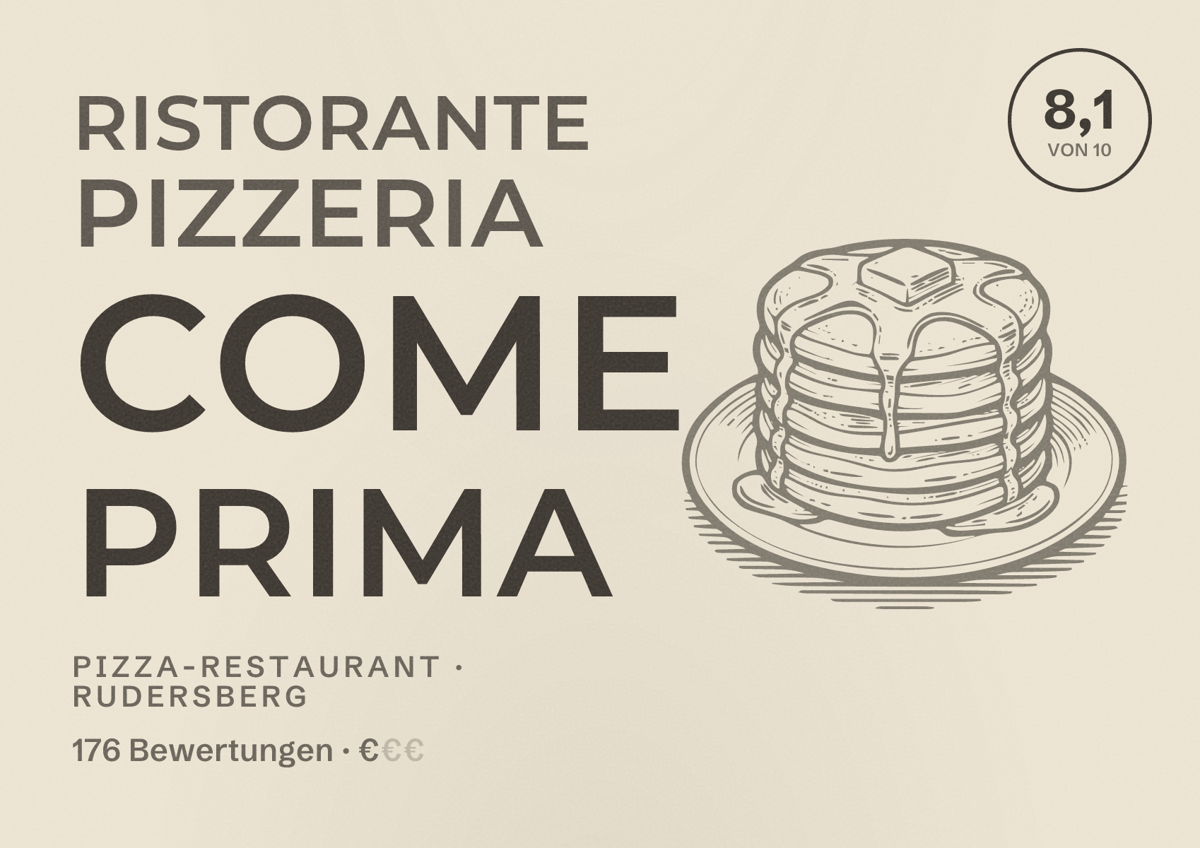Illustriertes Poster von Ristorante Pizzeria Come Prima, Pizza-Restaurant in Rudersberg: Bewertung 8,1 von 10 aus 176 Bewertungen, Preisniveau €