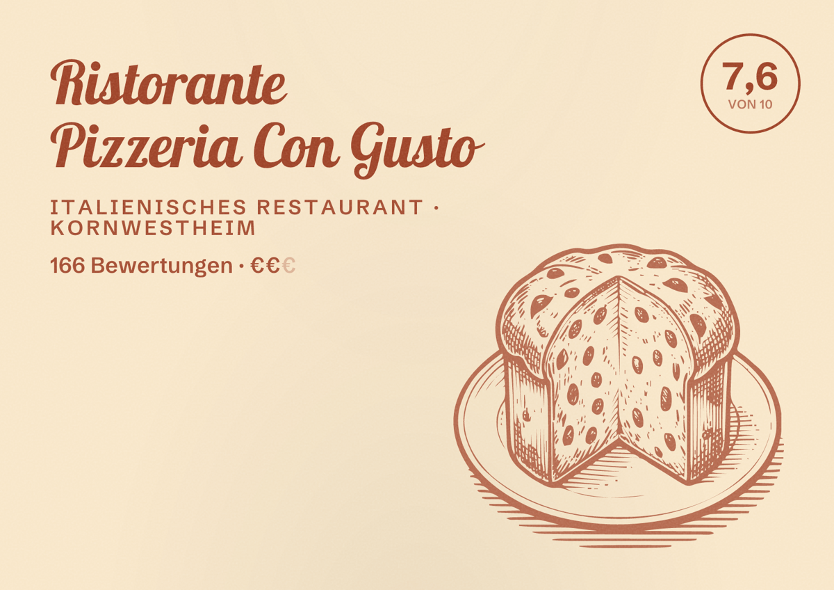 Illustriertes Poster von Ristorante Pizzeria Con Gusto, Italienisches Restaurant in Kornwestheim: Bewertung 7,6 von 10 aus 166 Bewertungen, Preisniveau €€