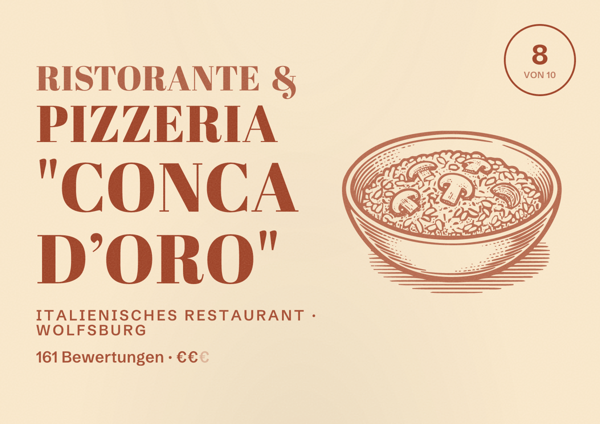 Illustriertes Poster von Ristorante & Pizzeria "Conca d’oro", Italienisches Restaurant in Wolfsburg: Bewertung 8 von 10 aus 161 Bewertungen, Preisniveau €€