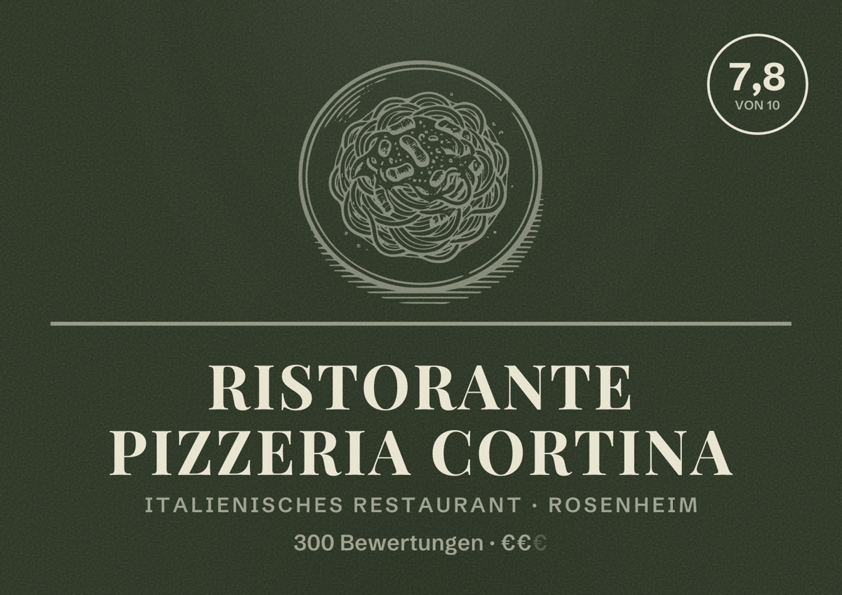 Illustriertes Poster von Ristorante Pizzeria Cortina, Italienisches Restaurant in Rosenheim: Bewertung 7,8 von 10 aus 300 Bewertungen, Preisniveau €€