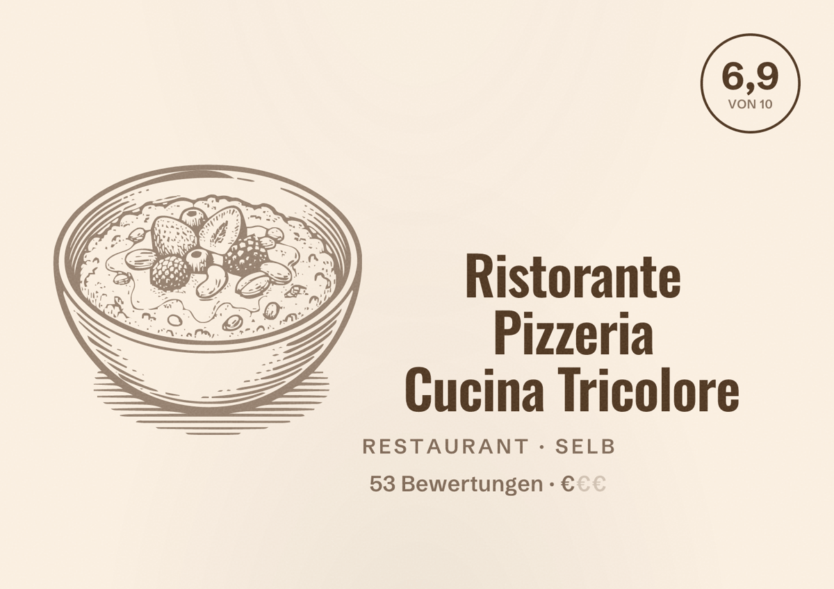 Illustriertes Poster von Ristorante Pizzeria Cucina Tricolore, Restaurant in Selb: Bewertung 6,9 von 10 aus 53 Bewertungen, Preisniveau €