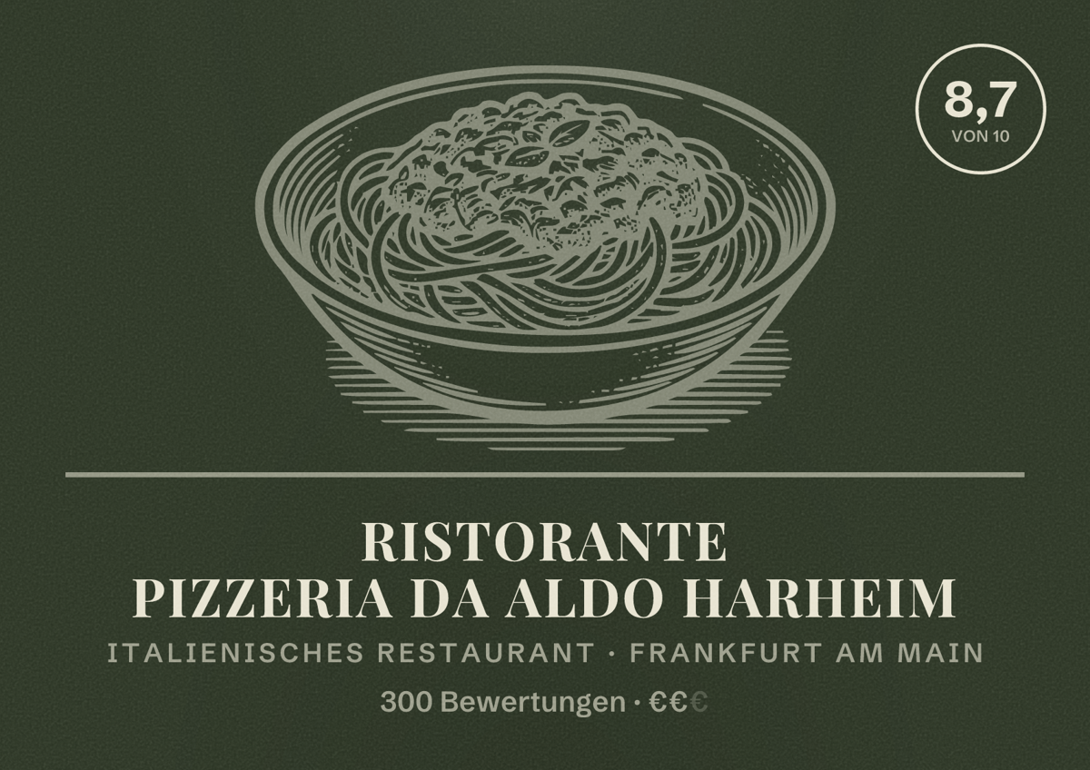 Illustriertes Poster von Ristorante Pizzeria Da Aldo Harheim, Italienisches Restaurant in Frankfurt am Main: Bewertung 8,7 von 10 aus 300 Bewertungen, Preisniveau €€