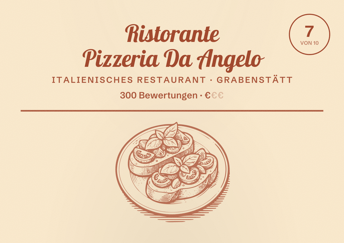 Illustriertes Poster von Ristorante Pizzeria Da Angelo, Italienisches Restaurant in Grabenstätt: Bewertung 7 von 10 aus 300 Bewertungen, Preisniveau €