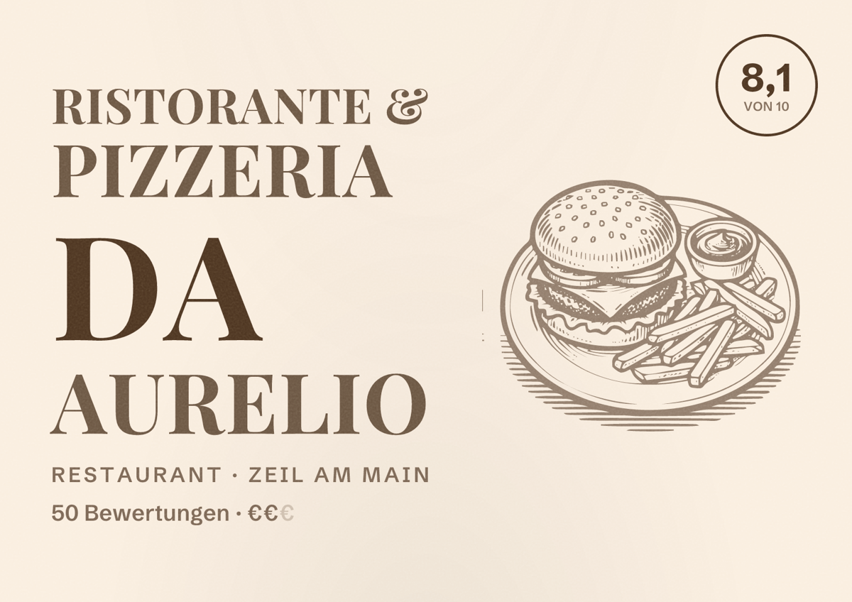 Illustriertes Poster von Ristorante & Pizzeria Da Aurelio, Restaurant in Zeil am Main: Bewertung 8,1 von 10 aus 50 Bewertungen, Preisniveau €€