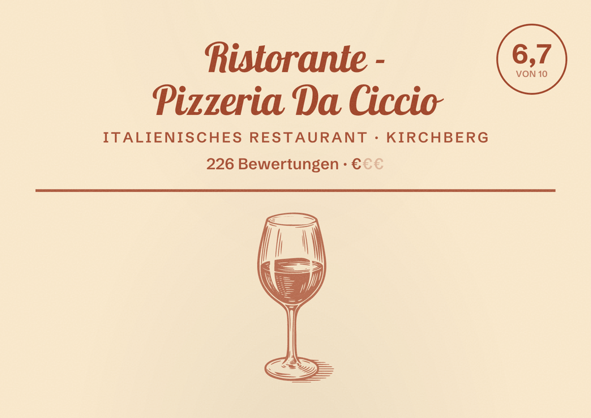 Illustriertes Poster von Ristorante - Pizzeria Da Ciccio, Italienisches Restaurant in Kirchberg: Bewertung 6,7 von 10 aus 226 Bewertungen, Preisniveau €