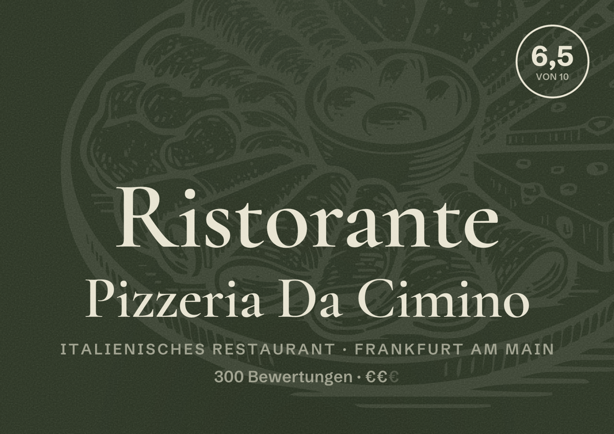Illustriertes Poster von Ristorante Pizzeria Da Cimino, Italienisches Restaurant in Frankfurt am Main: Bewertung 6,5 von 10 aus 300 Bewertungen, Preisniveau €€