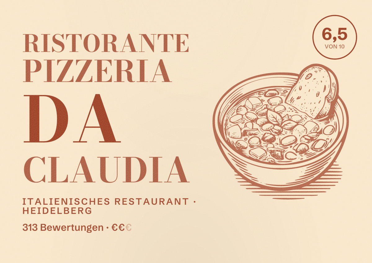 Illustriertes Poster von Ristorante Pizzeria Da Claudia, Italienisches Restaurant in Heidelberg: Gästebewertung 6,5 von 10 aus 313 Bewertungen