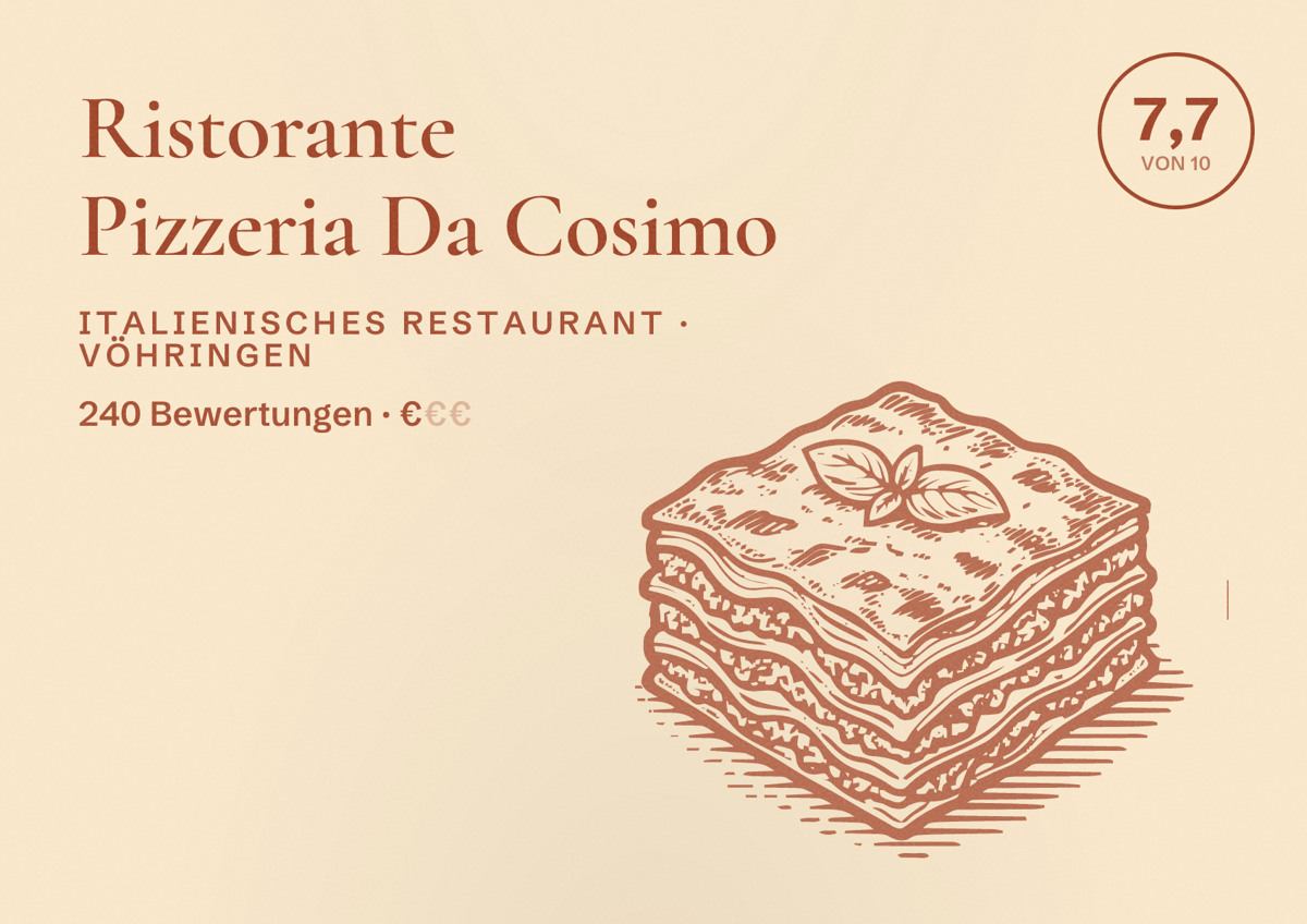 Illustriertes Poster von Ristorante Pizzeria Da Cosimo, Italienisches Restaurant in Vöhringen: Bewertung 7,7 von 10 aus 240 Bewertungen, Preisniveau €