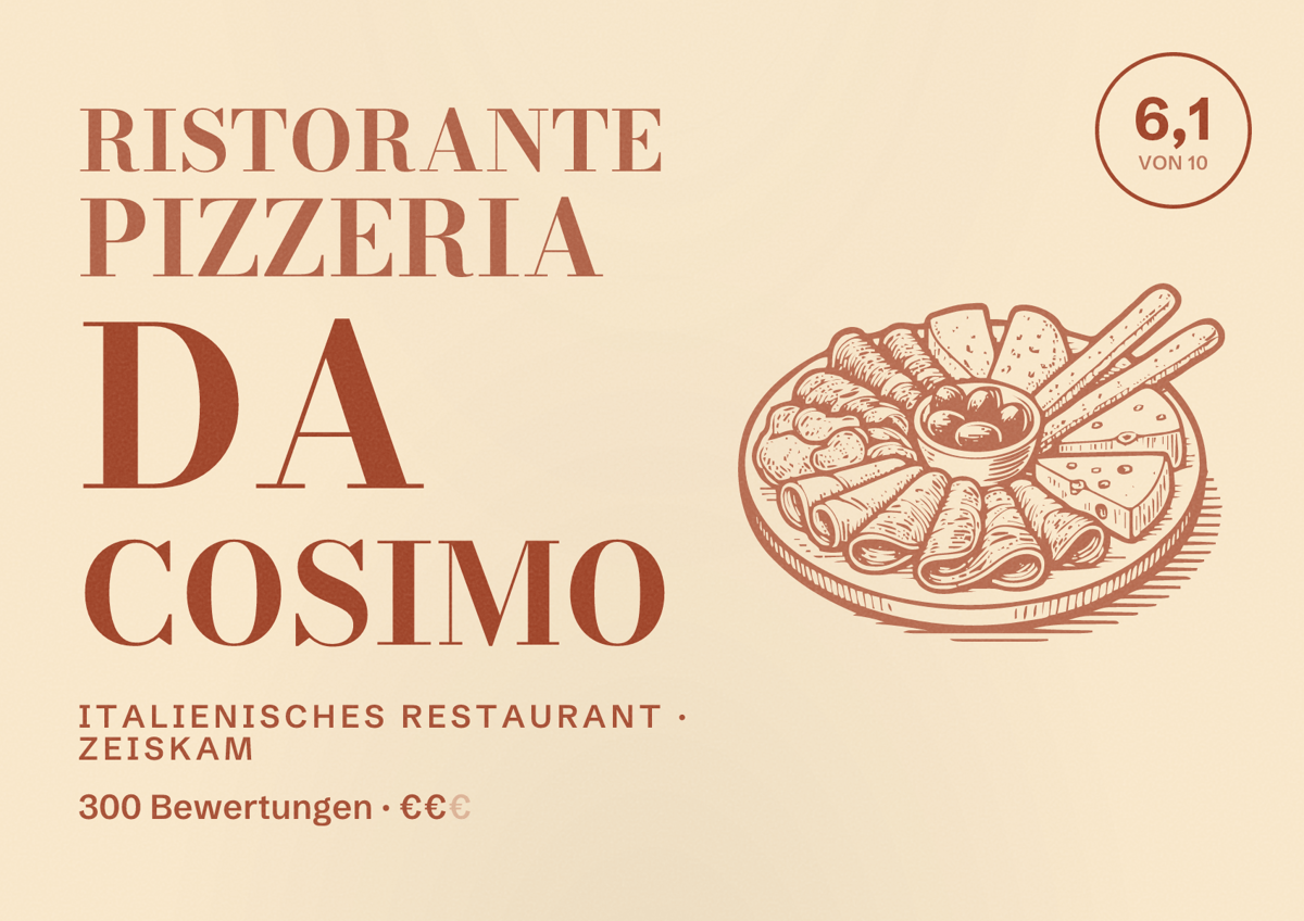 Illustriertes Poster von RISTORANTE PIZZERIA DA COSIMO, Italienisches Restaurant in Zeiskam: Bewertung 6,1 von 10 aus 300 Bewertungen, Preisniveau €€
