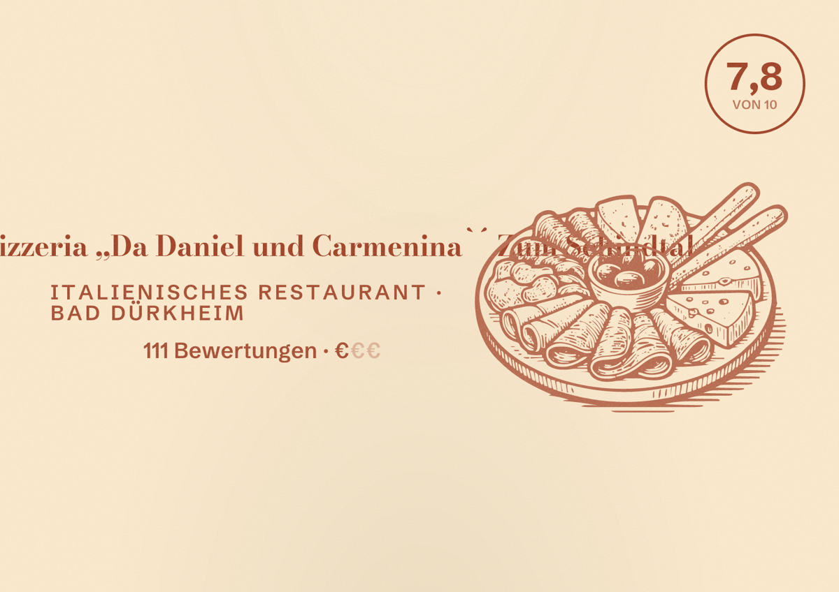 Illustriertes Poster von Ristorante Pizzeria ,,Da Daniel und Carmenina`´ Zum Schindtal, Italienisches Restaurant in Bad Dürkheim: Bewertung 7,8 von 10 aus 111 Bewertungen, Preisniveau €