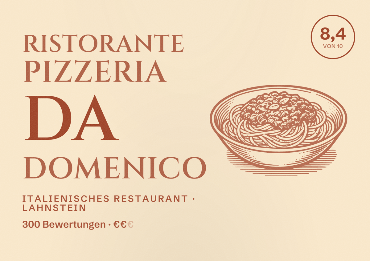 Illustriertes Poster von Ristorante Pizzeria Da Domenico, Italienisches Restaurant in Lahnstein: Bewertung 8,4 von 10 aus 300 Bewertungen, Preisniveau €€