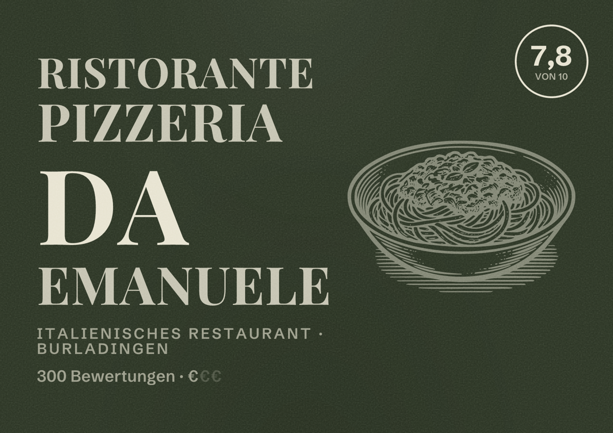 Illustriertes Poster von Ristorante Pizzeria da Emanuele, Italienisches Restaurant in Burladingen: Bewertung 7,8 von 10 aus 300 Bewertungen, Preisniveau €