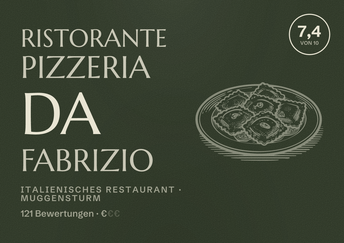 Illustriertes Poster von Ristorante Pizzeria da Fabrizio, Italienisches Restaurant in Muggensturm: Bewertung 7,4 von 10 aus 121 Bewertungen, Preisniveau €