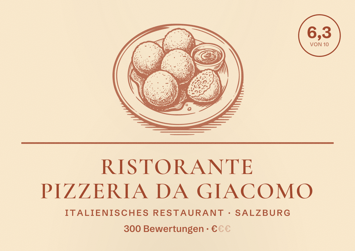 Illustriertes Poster von Ristorante Pizzeria da Giacomo, Italienisches Restaurant in Salzburg: Bewertung 6,3 von 10 aus 300 Bewertungen, Preisniveau €