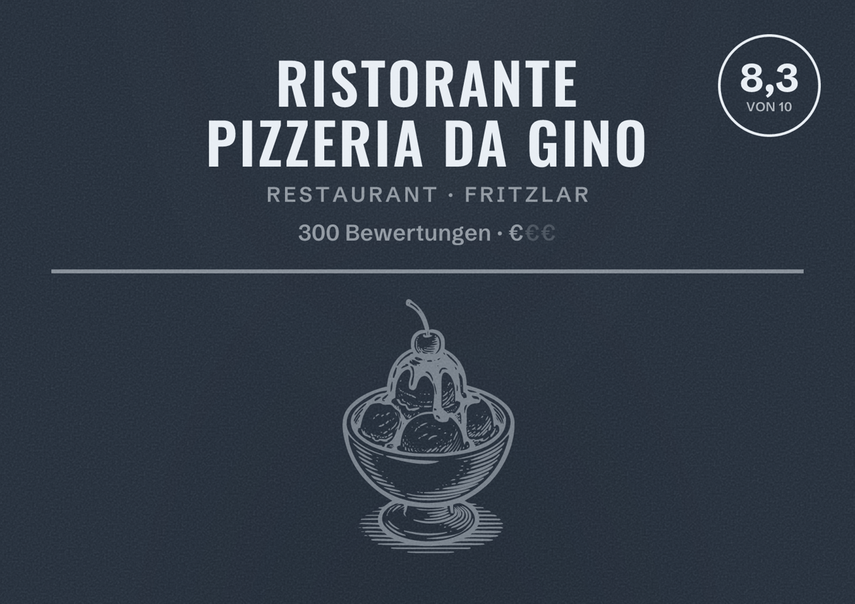 Illustriertes Poster von Ristorante Pizzeria da Gino, Restaurant in Fritzlar: Bewertung 8,3 von 10 aus 300 Bewertungen, Preisniveau €