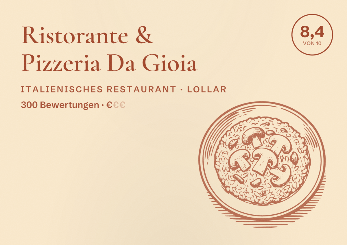 Illustriertes Poster von Ristorante & Pizzeria Da Gioia, Italienisches Restaurant in Lollar: Bewertung 8,4 von 10 aus 300 Bewertungen, Preisniveau €
