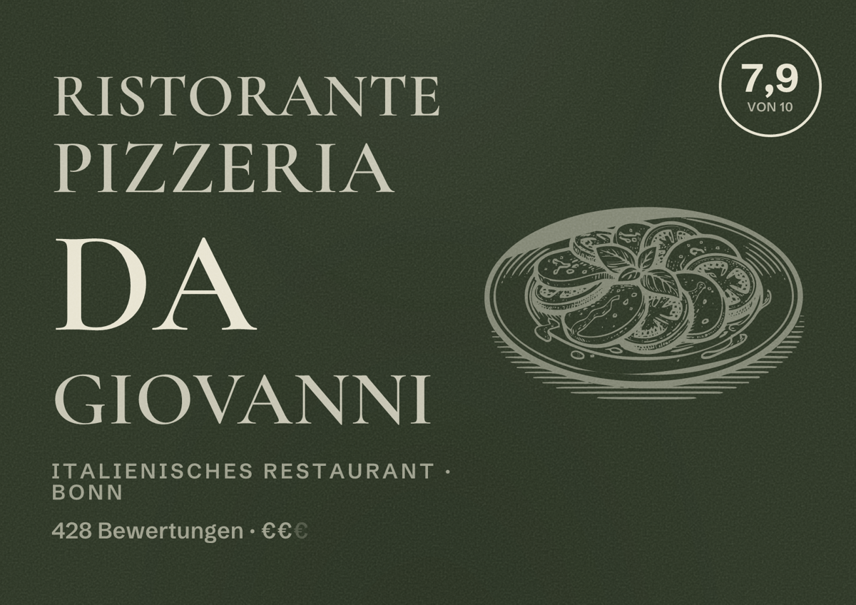Illustriertes Poster von Ristorante Pizzeria da Giovanni, Italienisches Restaurant in Bonn: Bewertung 7,9 von 10 aus 428 Bewertungen, Preisniveau €€