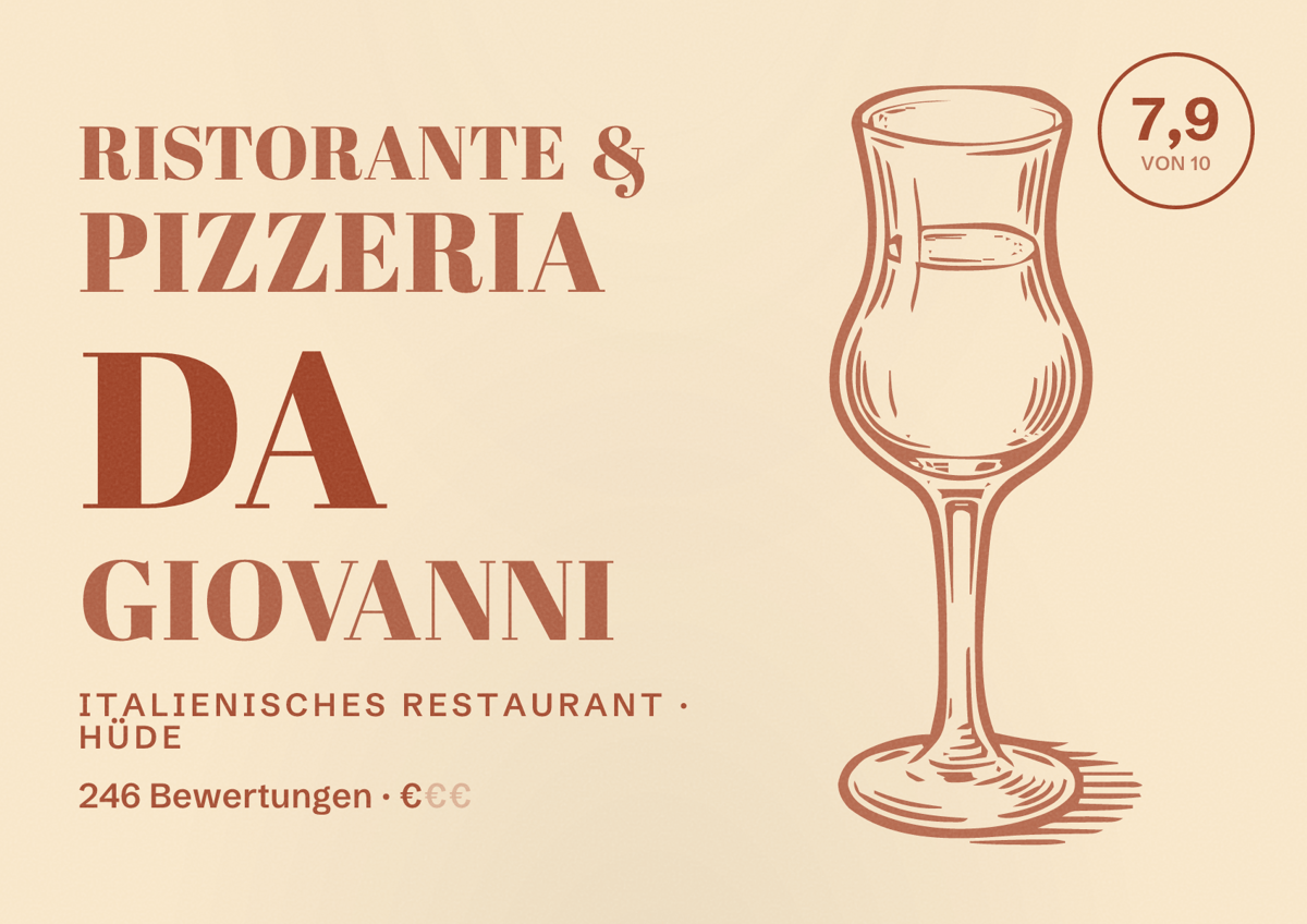 Illustriertes Poster von Ristorante & Pizzeria Da Giovanni, Italienisches Restaurant in Hüde: Bewertung 7,9 von 10 aus 246 Bewertungen, Preisniveau €