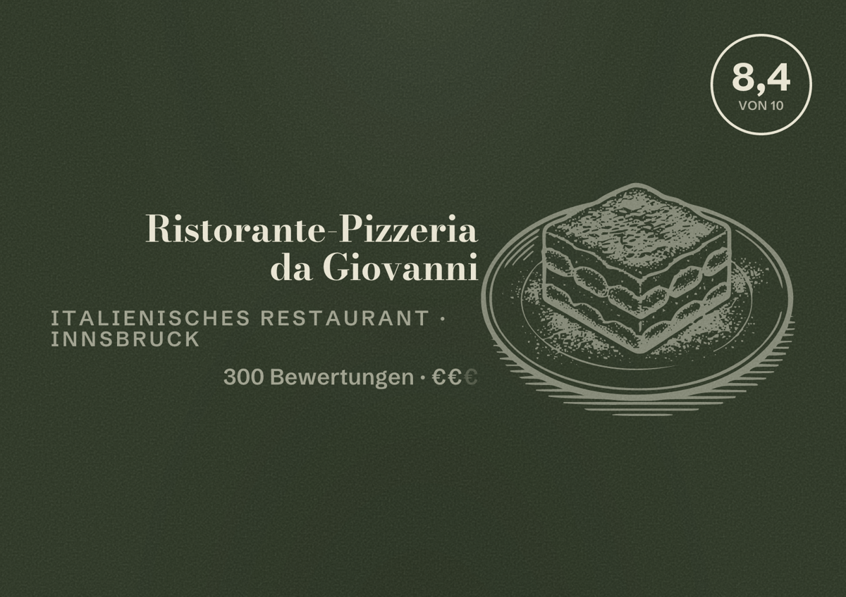 Illustriertes Poster von Ristorante-Pizzeria da Giovanni, Italienisches Restaurant in Innsbruck: Bewertung 8,4 von 10 aus 300 Bewertungen, Preisniveau €€
