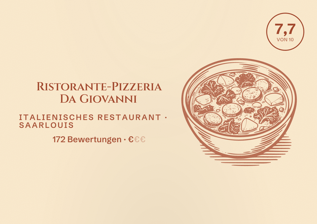 Illustriertes Poster von Ristorante-Pizzeria Da Giovanni, Italienisches Restaurant in Saarlouis: Bewertung 7,7 von 10 aus 172 Bewertungen, Preisniveau €