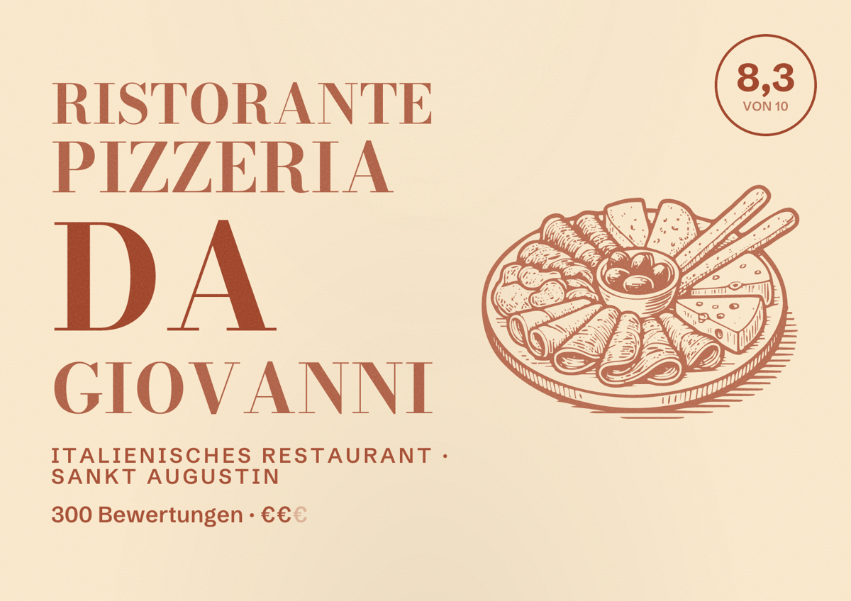 Illustriertes Poster von Ristorante Pizzeria Da Giovanni, Italienisches Restaurant in Sankt Augustin: Bewertung 8,3 von 10 aus 300 Bewertungen, Preisniveau €€