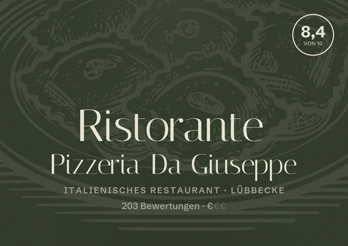 Illustriertes Poster von Ristorante Pizzeria Da Giuseppe, Italienisches Restaurant in Lübbecke: Bewertung 8,4 von 10 aus 203 Bewertungen, Preisniveau €