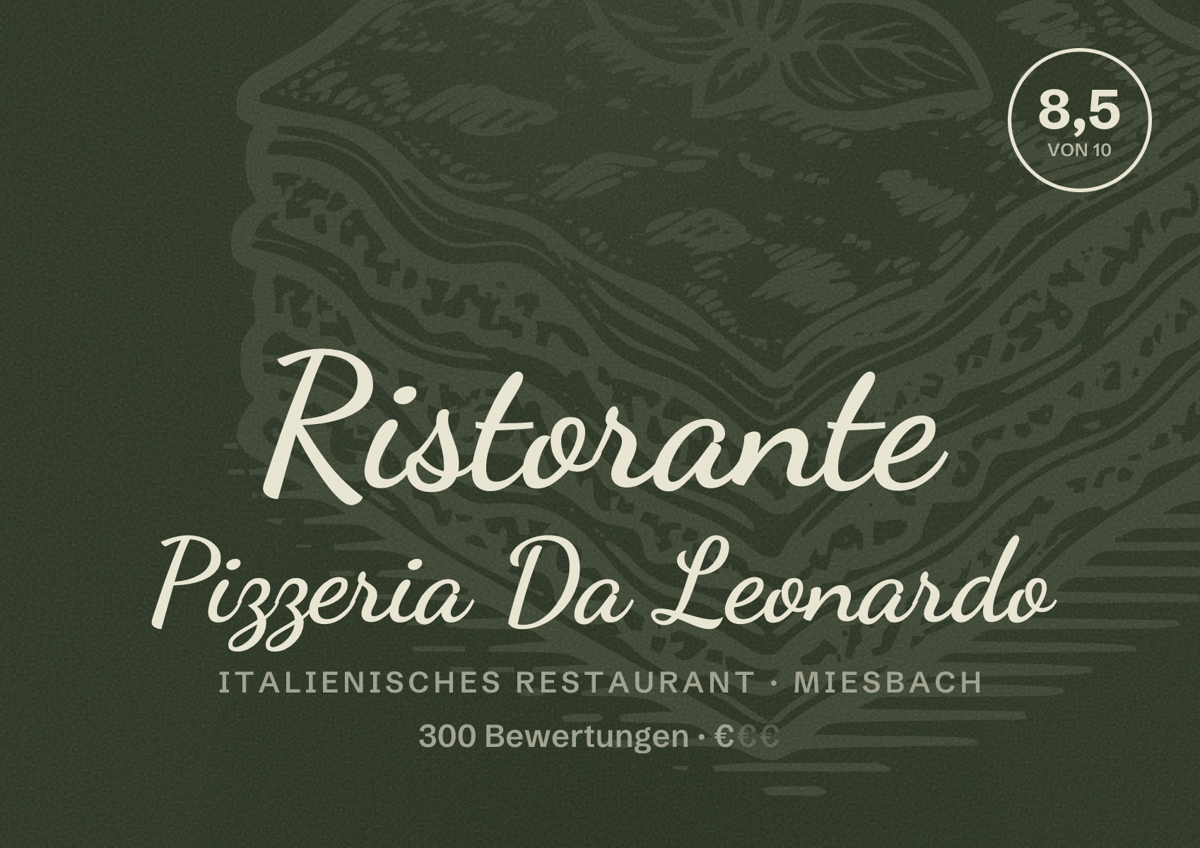 Illustriertes Poster von Ristorante Pizzeria Da Leonardo, Italienisches Restaurant in Miesbach: Bewertung 8,5 von 10 aus 300 Bewertungen, Preisniveau €