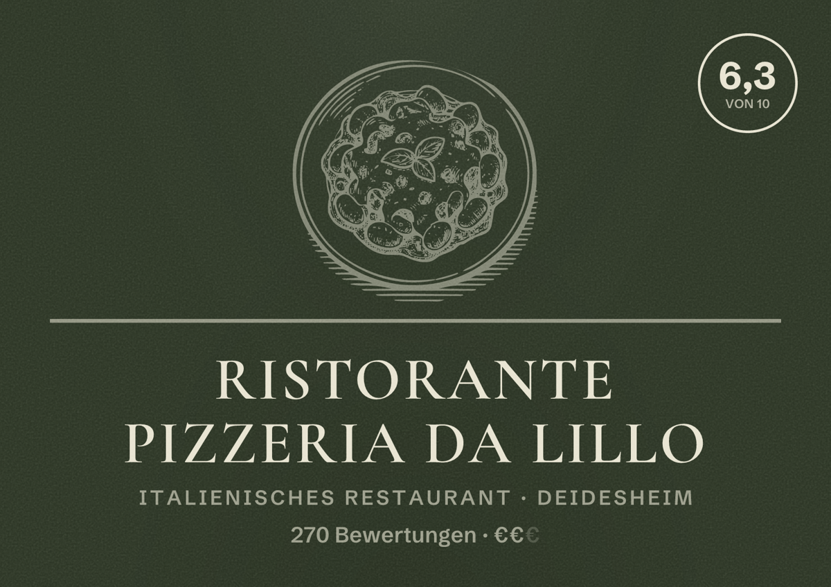 Illustriertes Poster von Ristorante Pizzeria Da Lillo, Italienisches Restaurant in Deidesheim: Bewertung 6,3 von 10 aus 270 Bewertungen, Preisniveau €€