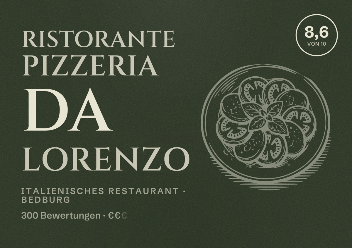 Illustriertes Poster von RISTORANTE PIZZERIA DA LORENZO, Italienisches Restaurant in Bedburg: Bewertung 8,6 von 10 aus 300 Bewertungen, Preisniveau €€